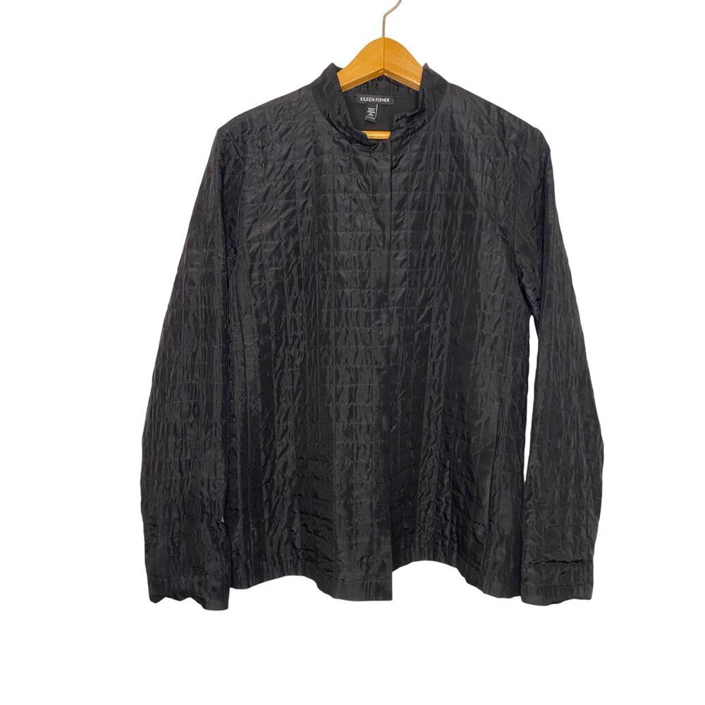 Eileen Fisher Black Button Down Lightweight Jacket Blazer Silk Dark Academia XXS